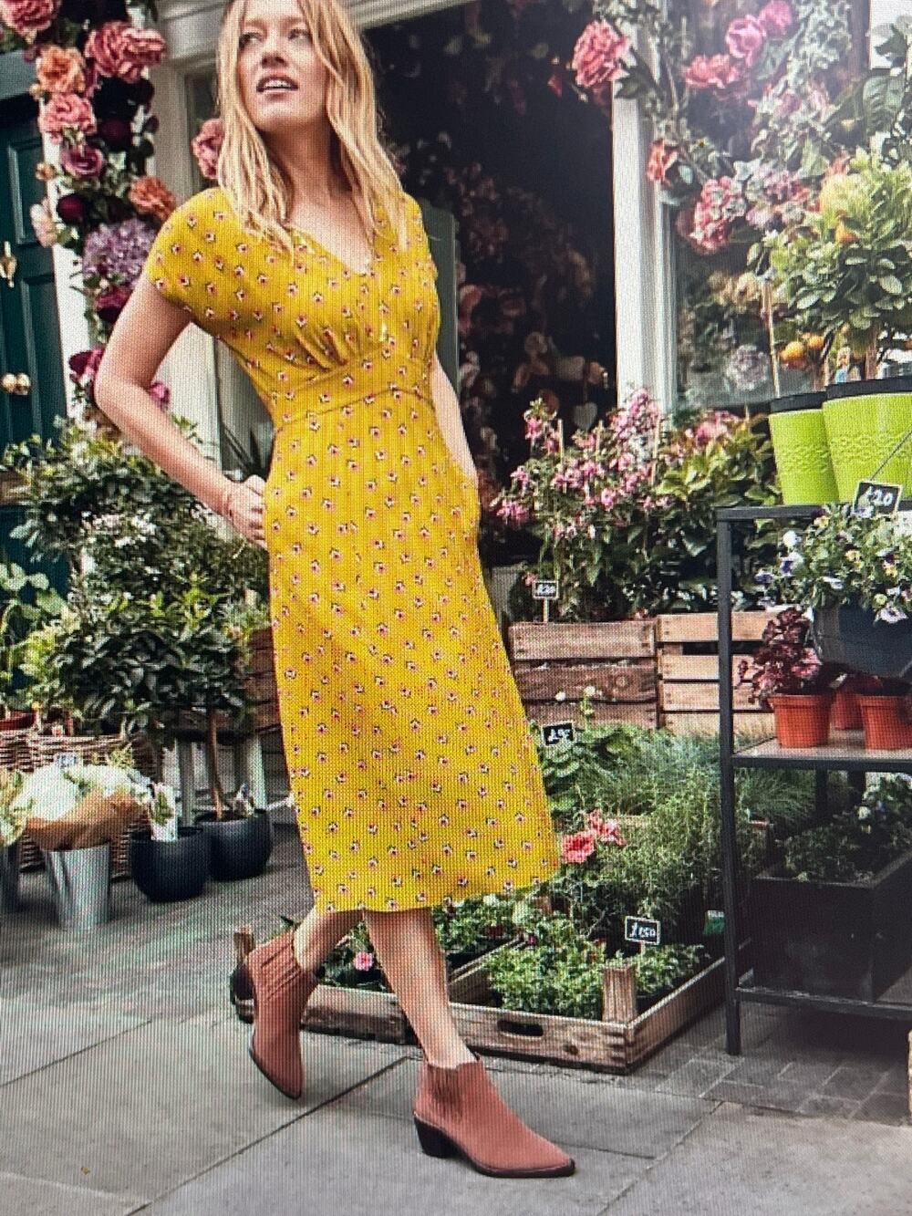 Boden Rosemary Yellow Golden Mustard Floral Print Midi Dress Size US 12R